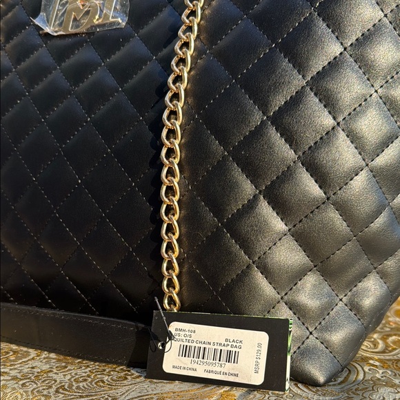 Badgley Mischka Black Quilted Tote Bag with Gold Chain by - Picture 2 of 6